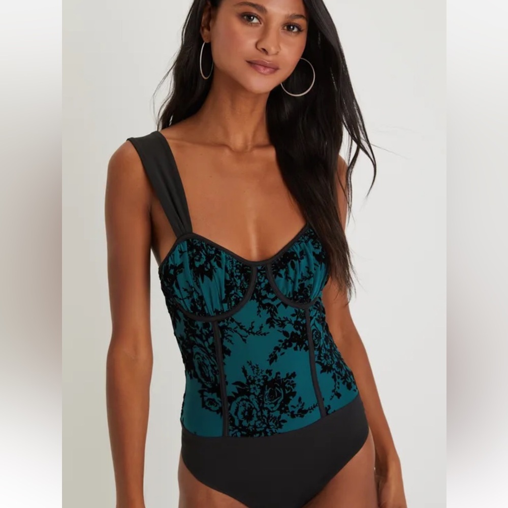 Lulus Exceptionally Dramatic Teal Burnout Floral Bustier Bodysuit, Size Small - Picture 3 of 7